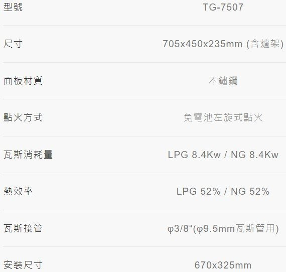 【日成】莊頭北.嵌入式瓦斯爐 TG-7507 一級能效 