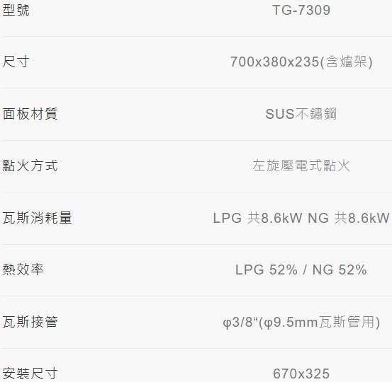TG-7309瓦斯爐-莊頭北-嵌入式-嵌爐-銅爐頭-不鏽鋼托底盤-濕鍋零秒點火-一級能效-免電池-規格
