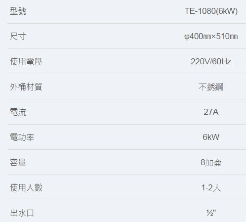 【日成】莊頭北.8加侖.掛壁型.儲熱式.電熱水器 TE-1080(6kW) 