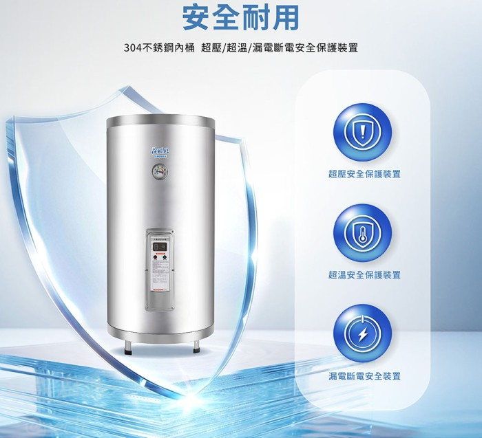 莊頭北TE-1205電熱水器具備超壓保護、超溫保護與漏電斷電安全裝置。