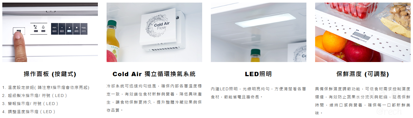 CBF18D-TWN 功能特點：操作面板、Cold Air 獨立循環換氣、LED 照明、保鮮濕度調節功能說明。