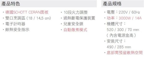 【日成】Amica 電陶爐.雙口直式 功率3000W PH-3200 ZT 