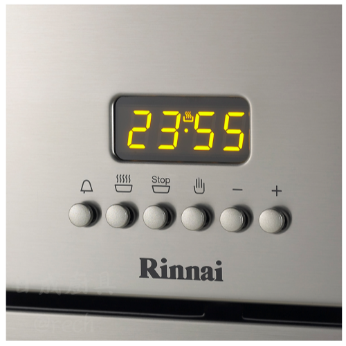 林內牌RBO-7MSO-TW烤箱電子時鐘功能面板,精準預約定時烹調與安全烘烤設定特寫。