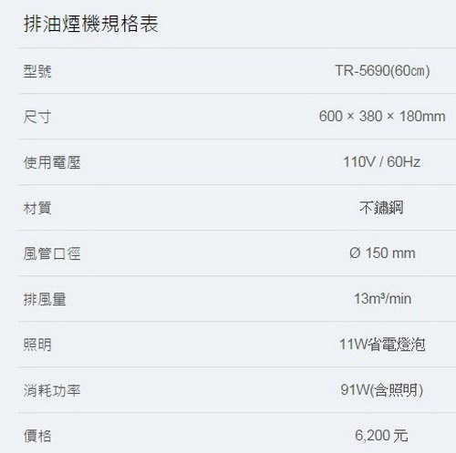 【日成】莊頭北60cm隱藏式油煙機 TR-5690 迷你小宅系列 