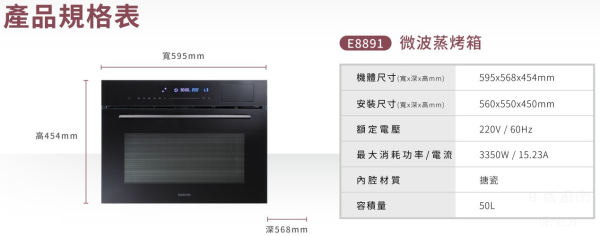 【日成】櫻花牌 E8891 嵌入式變頻微波蒸烤箱 桃園廚具,日成,日成廚具,日成廚衛生活館,50L大容量,廚具,櫻花,蒸烤箱,甜甜價,優惠