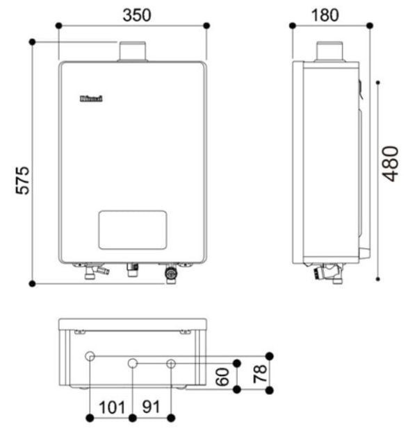 RUA-C1620WF熱水器-林內-水量伺服器-強制排氣-16公升-日本技術-升級觸控式面板-浴缸湯量設定模式-連續使用60分鐘自動熄火-尺寸