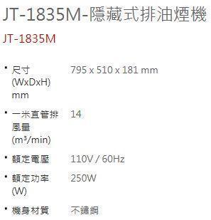 喜特麗 JT-1835M 規格參數表：排風量 14-27 m3/min，額定功率 250W，電壓 110V/60Hz，尺寸 795x510x181 mm。