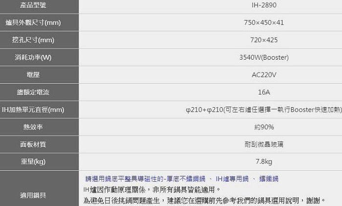 IH-2890的IH爐-豪山-豪山牌-耐刮-感應爐-送贈品鍋具-堅硬-高效率加熱-數位定時裝置-規格