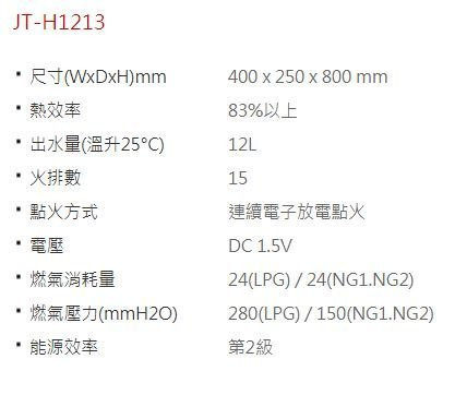 JT-H1213-喜特麗-12L-屋外型-RF-3年保固-加強抗風-熱水器-規格