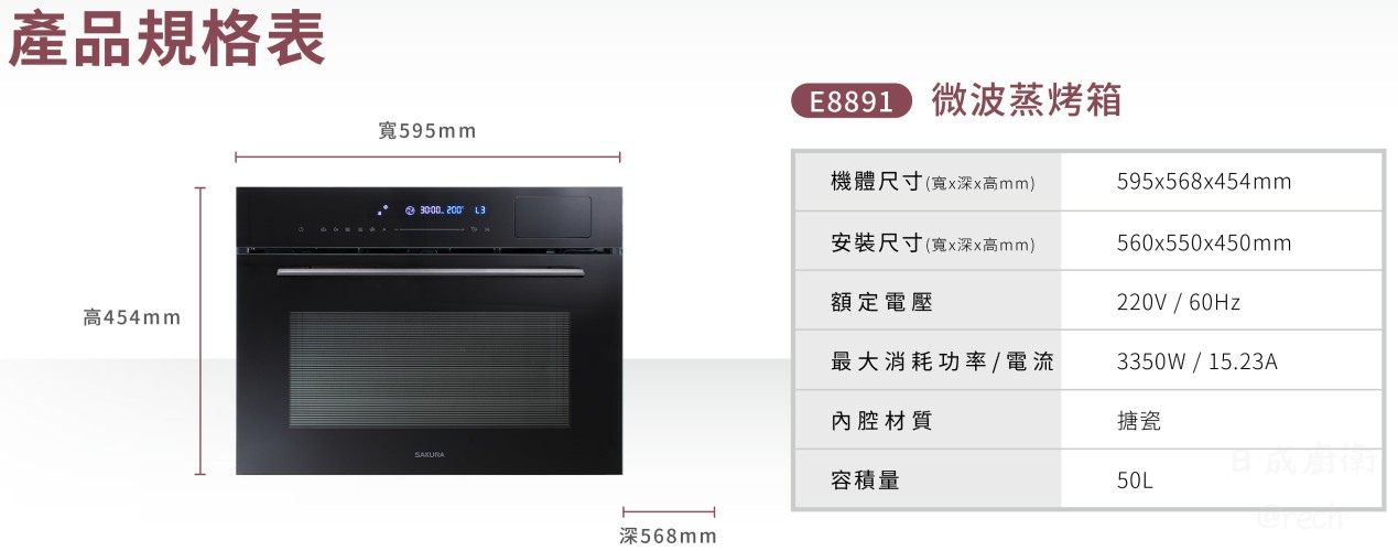 E8891-櫻花-蒸烤箱-烤箱-嵌入式-變頻-微波-50L大容量-最高3350W變頻-規格尺寸