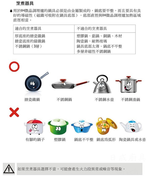 豪山牌IH-1218 IH微晶調理爐適用鍋具指南,列出搪瓷不鏽鋼與不適用陶瓷鋁鍋類型。