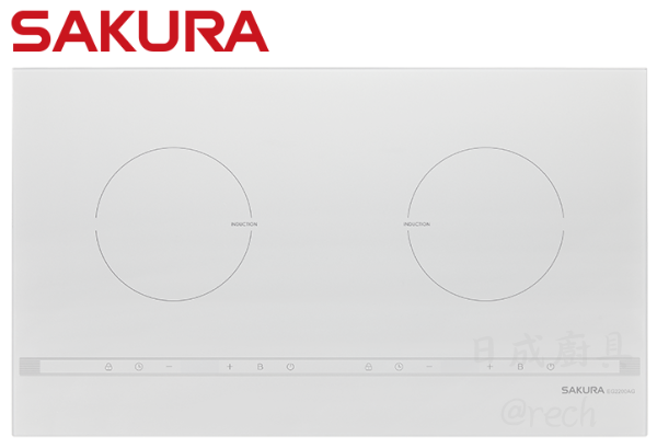 SAKURA櫻花牌EG2200AGT雙口IH感應爐鈦銀色,白底產品外觀與微晶玻璃觸控面板示意圖。