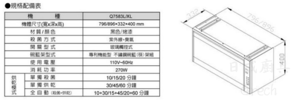 【日成】櫻花牌 Q-7583 懸掛式烘碗機.紫外線+臭氧雙效殺菌.專利不銹鋼筷架 