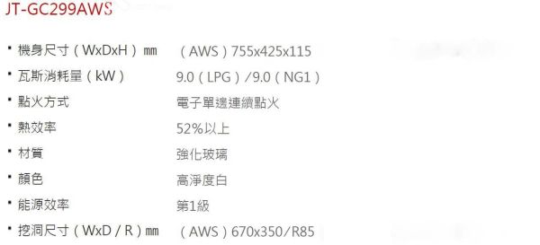 【日成】喜特麗二口檯面爐 白玻面板 一級能效 晶焱系列 JT-GC299AWS 只剩桶裝瓦斯 桃園廚具,日成,日成廚具,日成廚衛,日成廚衛生活館,廚具行,喜特麗,瓦斯爐,甜甜價,優惠