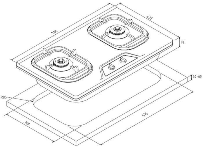 豪山 ST-2190P 安裝開孔尺寸圖，700x435mm 檯面爐安裝指南。