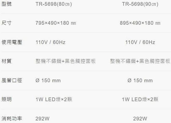 【日成】莊頭北80cm全不銹鋼.半隱藏式排油煙機 TR-5698(80cm) 