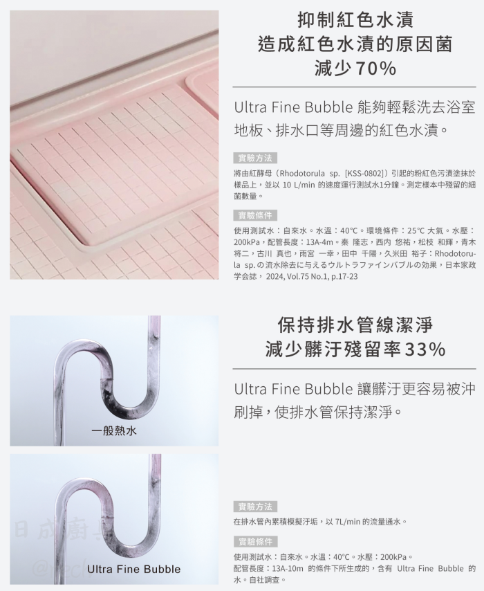 林內熱水器RUA-UD1650WF微氣泡抑菌實測,減少70%紅色水漬並保持排水管線潔淨。