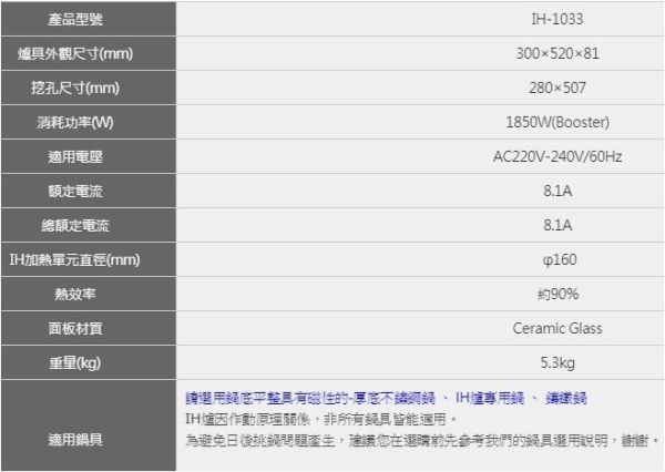 【日成】豪山牌 IH-1033 單口直式 感應爐 IH微晶調理爐 功率1850W 桃園廚具,日成,日成廚衛,日成廚衛生活館,廚具行,日成廚具,豪山,IH爐,單口,直式