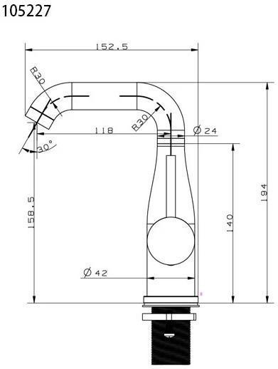 RECO 105227 面盆龍頭尺寸圖,安裝孔徑與出水高度規格,衛浴工程施工圖面,詳細產品長寬比例。