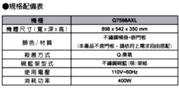 【日成】櫻花 Q-7598AXL 崁門板.橫抽式烘碗機.寬90公分 