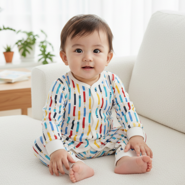 純棉排扣式長袖連身衣-彩色鉛筆 秋冬寶寶衣,寶寶保暖衣,嬰兒長袖連身衣,有機棉寶寶衣,新生兒厚棉服,嬰兒外出服,秋冬嬰兒服飾,台灣製嬰兒衣,保暖和尚服