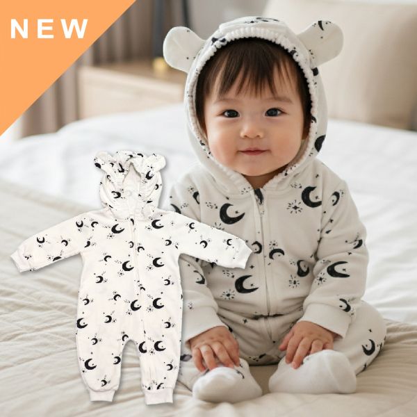 有機棉連帽雙拉鍊長袖連身衣-星星月亮 秋冬寶寶衣,寶寶保暖衣,嬰兒長袖連身衣,有機棉寶寶衣,新生兒厚棉服,嬰兒外出服,秋冬嬰兒服飾,台灣製嬰兒衣,保暖和尚服