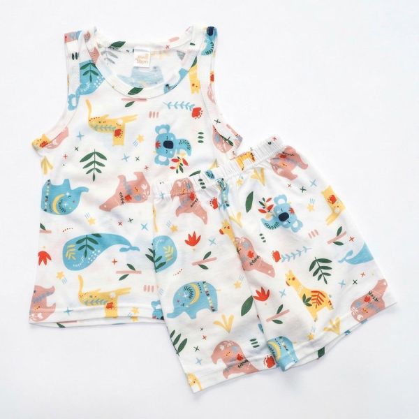 薄棉家居服-彩色動物 薄棉家居服,嬰兒背心短褲套裝,彩色動物家居服,台灣製童裝,純棉嬰兒服,透氣居家服,環保印染童裝