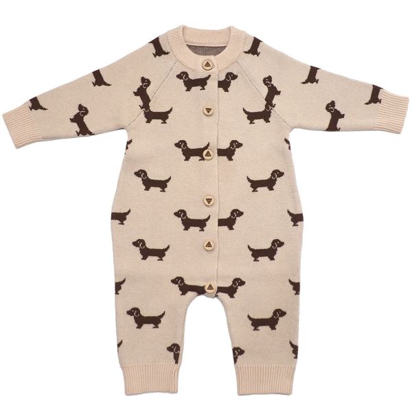 臘腸狗針織連身衣 針織連身衣,臘腸狗童裝,寶寶哈衣,嬰兒爬服,棉質混紡,秋冬童裝,長袖包屁衣,可愛動物圖案,保暖連身衣