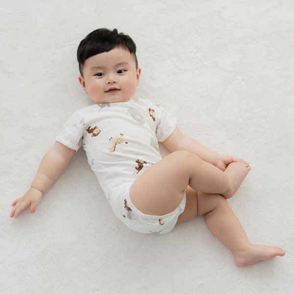 竹節棉短袖包屁衣-動物園 竹節棉包屁衣,竹纖維童裝,台灣製包屁衣,涼感嬰兒服,抗菌包屁衣,環保印染,動物園包屁衣