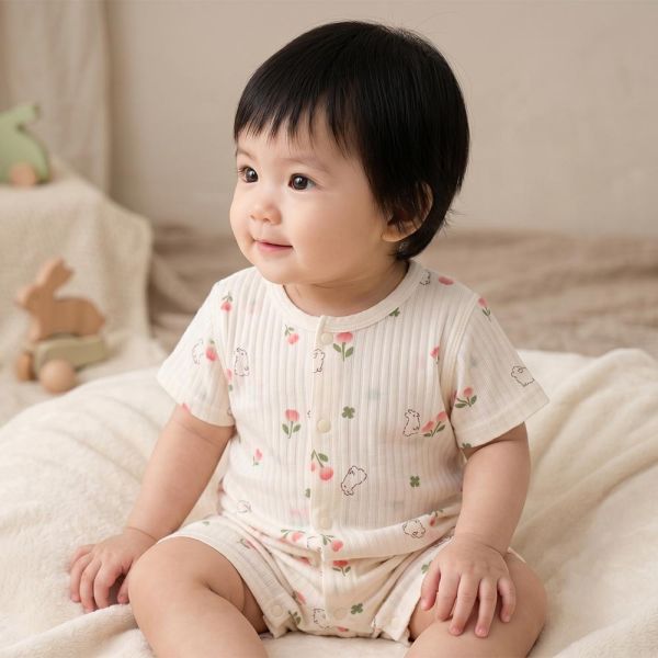 薄棉短袖連身衣-兔兔小花 薄棉連身衣,嬰兒包屁衣,100%純棉,MIT童裝,兔兔小花,短袖連身衣,環保印染,寶寶衣服,夏日童裝,台灣製童裝