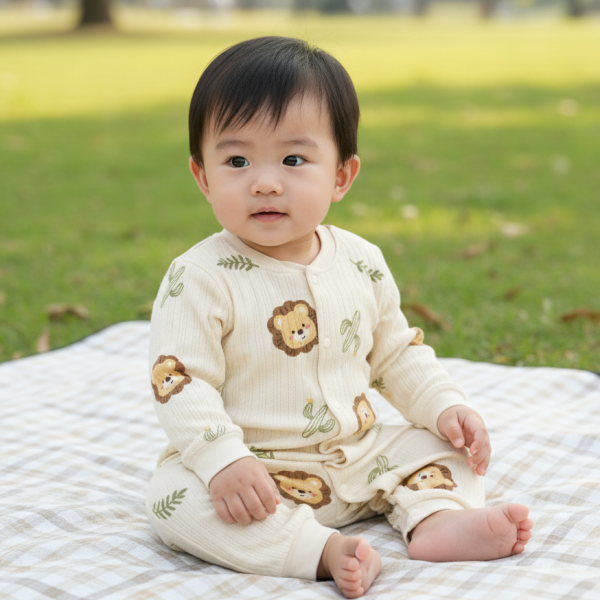 有機棉緹花連身衣-綠洲獅子 有機棉,秋冬寶寶衣,寶寶睡衣,一件式,嬰兒睡衣,台灣製造敏感肌衣服,透氣衣物,天然有機棉