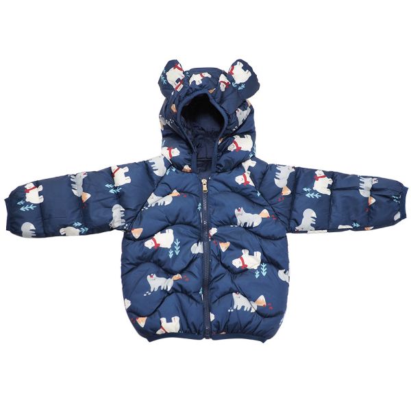 嬰兒羽絨外套-藍色北極熊 嬰兒羽絨外套, 寶寶保暖外套, 兒童防寒衣, 環保羽絨棉, 北極熊童裝, 嬰兒連帽外套, 冬季童裝推薦, 輕量保暖外套, 嬰幼兒服飾, 深藍色童裝, 越南製童裝, 幼兒禦寒裝備, 寶寶出遊外套