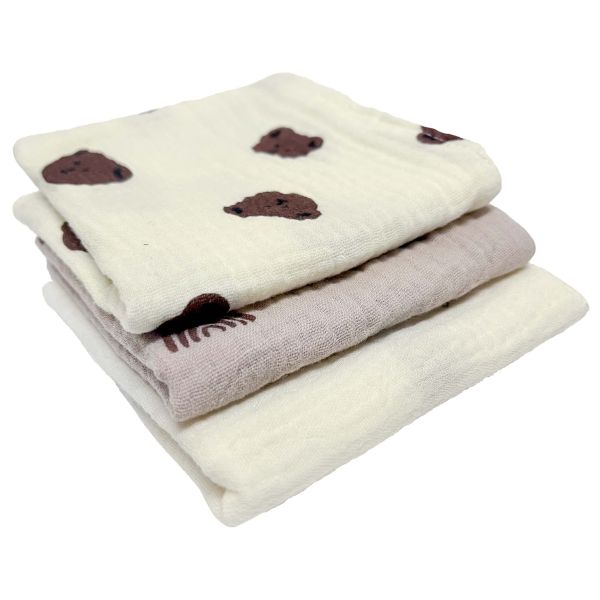 有機棉四層紗手帕(三入組)-小熊 有機棉,手帕,拍嗝巾,小方巾,四層紗