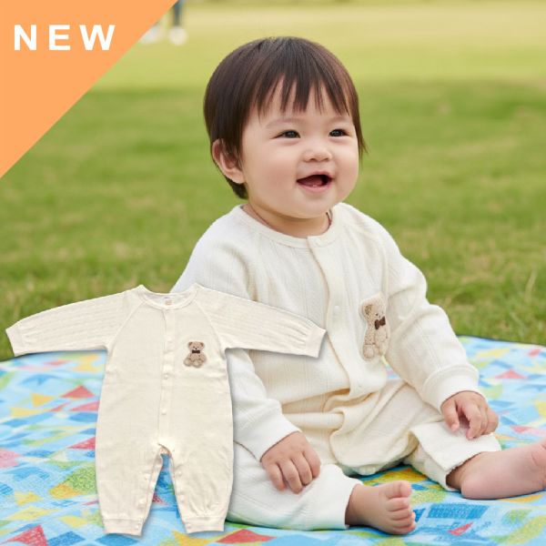 有機棉緹花連身衣-米白小熊 有機棉,秋冬寶寶衣,寶寶睡衣,一件式,嬰兒睡衣,台灣製造敏感肌衣服,透氣衣物,天然有機棉