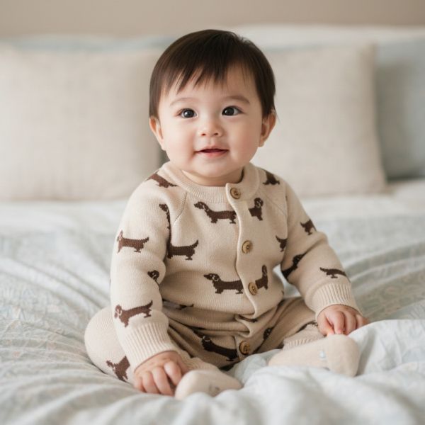 臘腸狗針織連身衣 針織連身衣,臘腸狗童裝,寶寶哈衣,嬰兒爬服,棉質混紡,秋冬童裝,長袖包屁衣,可愛動物圖案,保暖連身衣