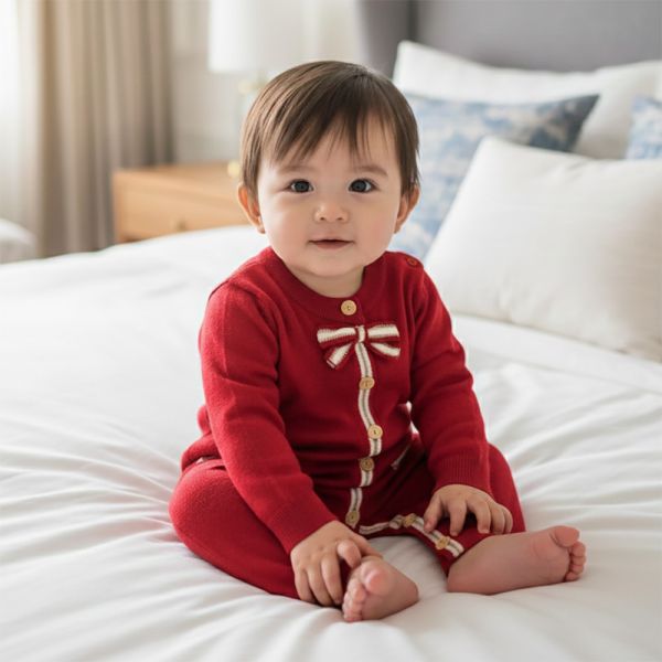 針織連身衣-紅色領結 寶寶連身衣,嬰兒包屁衣,針織童裝,紅色連身褲,寶寶過年衣服,男嬰紳士服,嬰幼兒保暖衣物,條紋領結童裝,滿月禮物推薦,兒童針織衫,嬰兒紅色套裝,寶寶節慶穿搭,嬰兒開襟連身衣