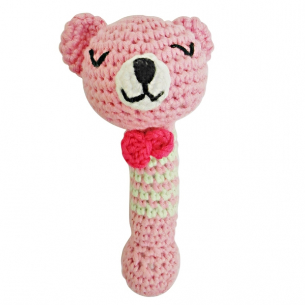 頂級手工針織有機棉寶寶手搖鈴-粉紅熊熊 有機棉,安撫,安撫玩具,聽覺發展,抓握能力