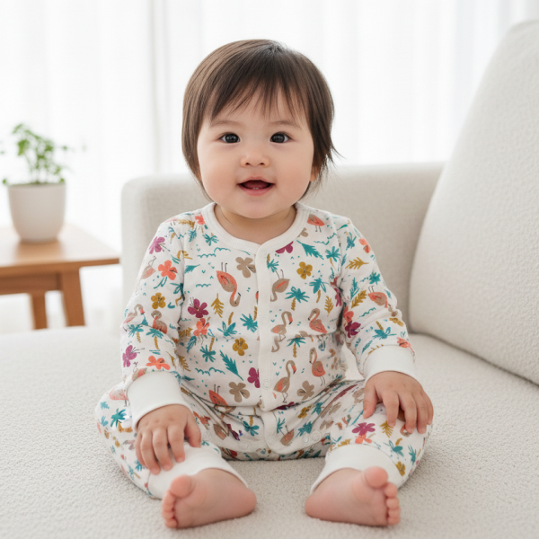 純棉排扣式長袖連身衣-繽紛花園 秋冬寶寶衣,寶寶保暖衣,嬰兒長袖連身衣,有機棉寶寶衣,新生兒厚棉服,嬰兒外出服,秋冬嬰兒服飾,台灣製嬰兒衣,保暖和尚服