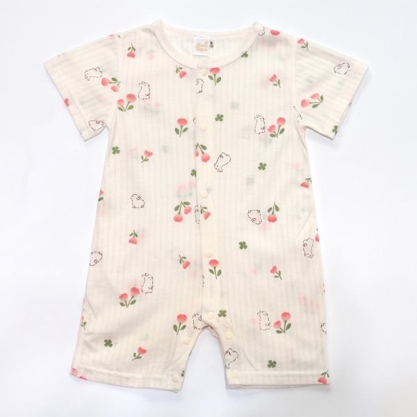 薄棉短袖連身衣-兔兔小花 薄棉連身衣,嬰兒包屁衣,100%純棉,MIT童裝,兔兔小花,短袖連身衣,環保印染,寶寶衣服,夏日童裝,台灣製童裝