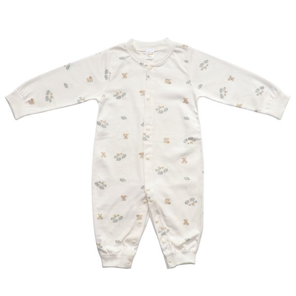 有機棉排扣式長袖連身衣-綠葉小熊 有機棉,秋冬寶寶衣,寶寶睡衣,一件式,嬰兒睡衣,台灣製造敏感肌衣服,透氣衣物,天然有機棉