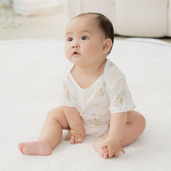 薄棉短袖包屁衣-蘑菇青鳥 包屁衣,純棉包屁衣,蘑菇青鳥包屁衣,台灣製童裝,環保印染,嬰兒棉質衣物,透氣嬰兒服