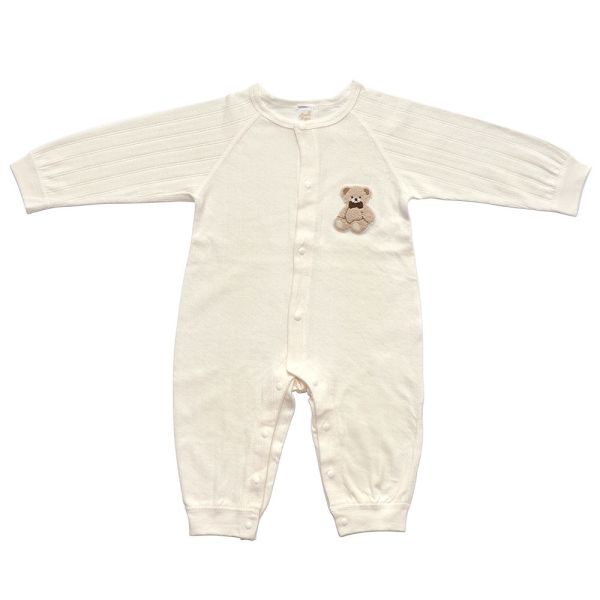 有機棉緹花連身衣-米白小熊 有機棉,秋冬寶寶衣,寶寶睡衣,一件式,嬰兒睡衣,台灣製造敏感肌衣服,透氣衣物,天然有機棉