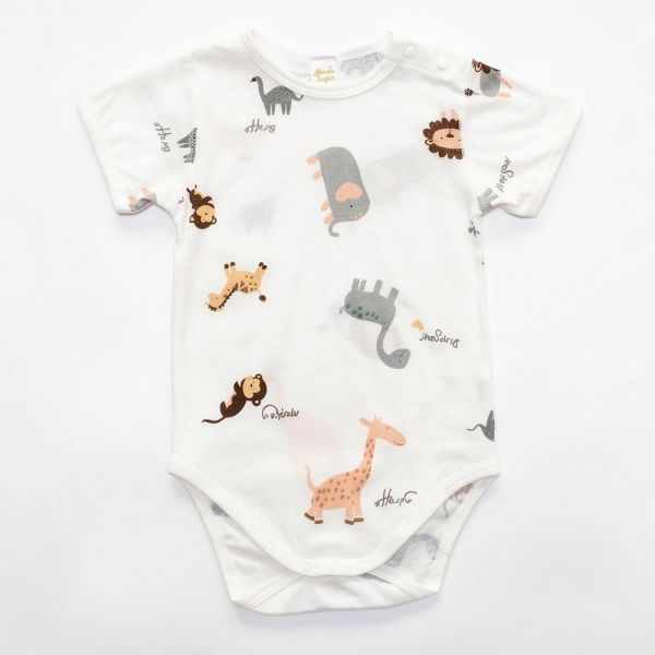 竹節棉短袖包屁衣-動物園 竹節棉包屁衣,竹纖維童裝,台灣製包屁衣,涼感嬰兒服,抗菌包屁衣,環保印染,動物園包屁衣