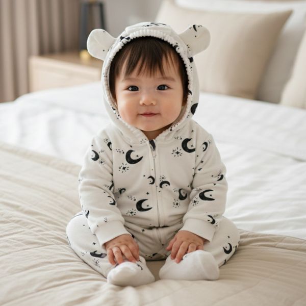 有機棉連帽雙拉鍊長袖連身衣-星星月亮 秋冬寶寶衣,寶寶保暖衣,嬰兒長袖連身衣,有機棉寶寶衣,新生兒厚棉服,嬰兒外出服,秋冬嬰兒服飾,台灣製嬰兒衣,保暖和尚服