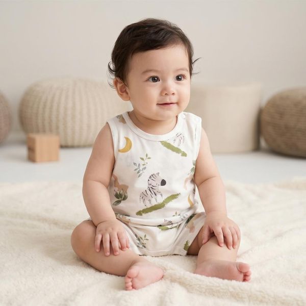 竹節棉無袖連身衣-斑馬小兔 竹節棉連身衣,嬰兒包屁衣,100%純棉,MIT童裝,斑馬小兔,無袖連身衣,環保印染,寶寶衣服,夏日童裝,台灣製童裝