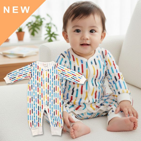 純棉排扣式長袖連身衣-彩色鉛筆 秋冬寶寶衣,寶寶保暖衣,嬰兒長袖連身衣,有機棉寶寶衣,新生兒厚棉服,嬰兒外出服,秋冬嬰兒服飾,台灣製嬰兒衣,保暖和尚服