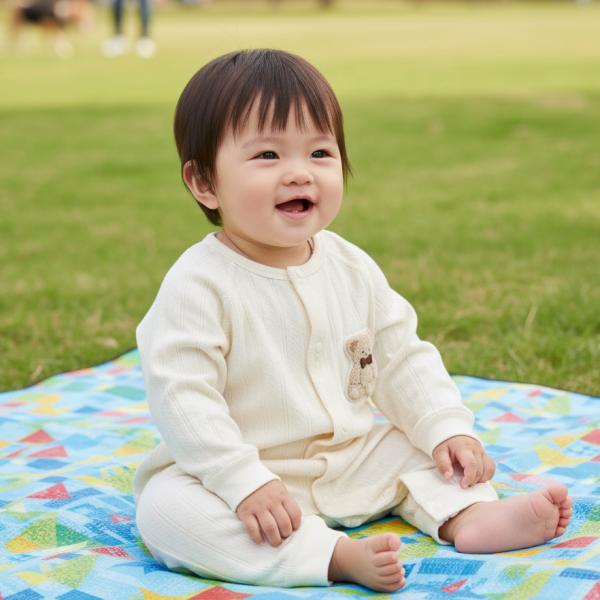 有機棉緹花連身衣-米白小熊 有機棉,秋冬寶寶衣,寶寶睡衣,一件式,嬰兒睡衣,台灣製造敏感肌衣服,透氣衣物,天然有機棉