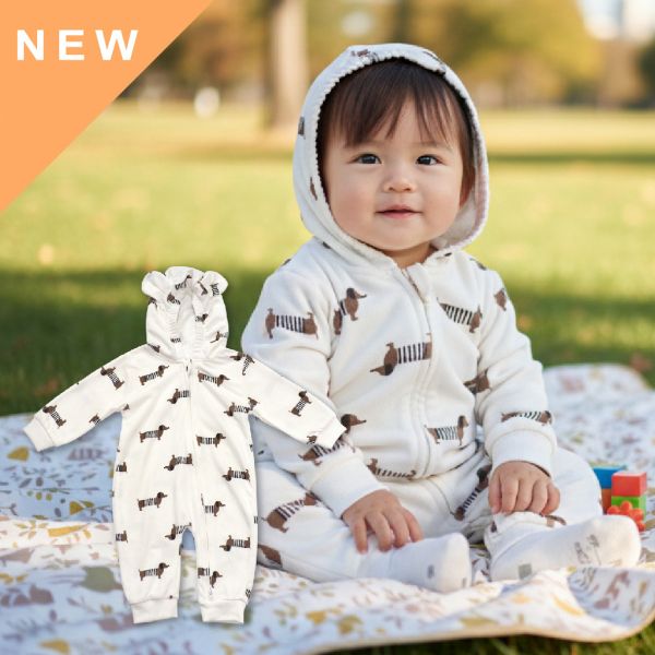 有機棉連帽雙拉鍊長袖連身衣-彈簧狗 有機棉童裝, 寶寶連帽連身衣, 彈簧狗連身衣, 100%有機棉, MIT童裝, 台灣製造嬰兒服, 親膚透氣連身衣, 嬰幼兒連身衣, 可愛童裝推薦, 友善環境服飾, 寶寶穿搭, 彈簧狗圖案, 無毒有機棉質連身衣, 嬰兒連帽衫。