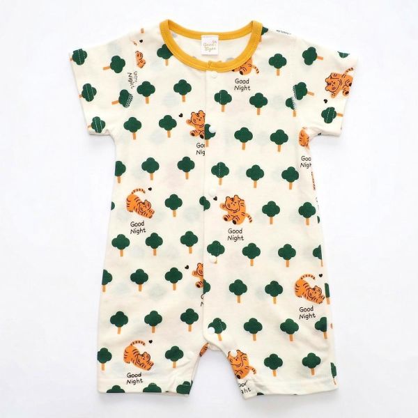 薄棉短袖連身衣-森林小虎 薄棉短袖連身衣,森林小虎,100%純棉,台灣製童裝,環保印染,嬰兒夏日服裝,包屁衣,寶寶外出服