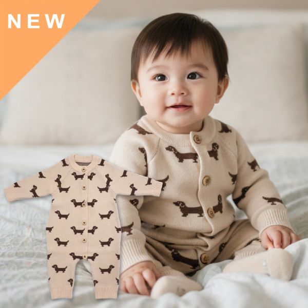 臘腸狗針織連身衣 針織連身衣,臘腸狗童裝,寶寶哈衣,嬰兒爬服,棉質混紡,秋冬童裝,長袖包屁衣,可愛動物圖案,保暖連身衣